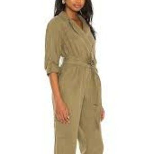 Alice + Olivia Bessie Notch-Collar Front Zipper Cargo Pant Jumpsuit Green